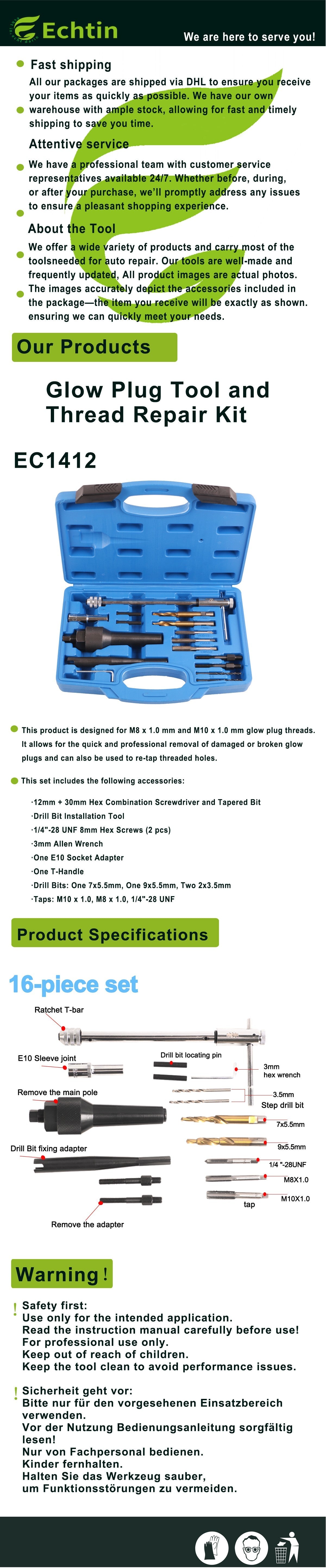 echtools EC1412 16-tlg. Glühkerzen-Ausbau und Gewinde-Reparatur-Satz M8 M10