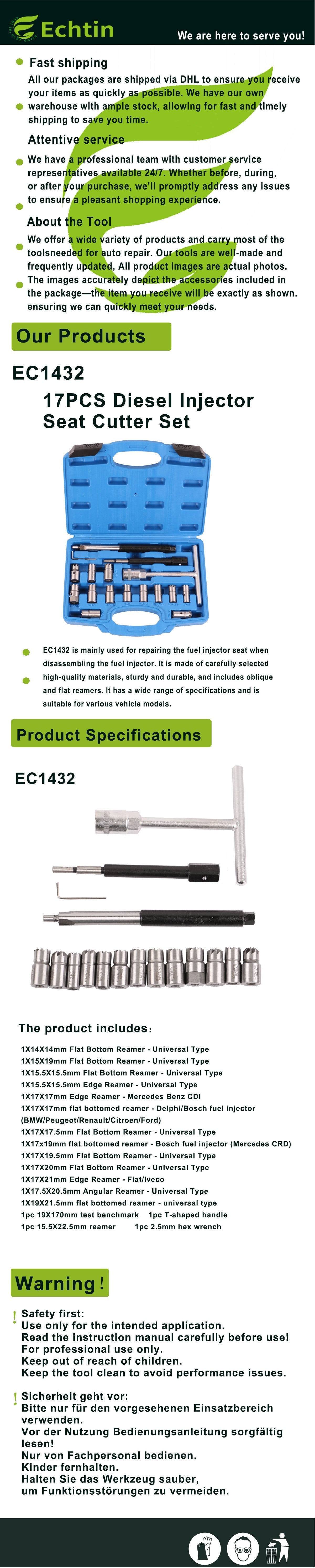 echtools EC1432 17tlg. Diesel Injektoren Dichtsitz Fräser Spezial Werkzeug Injektorsitz Einspritzdüse