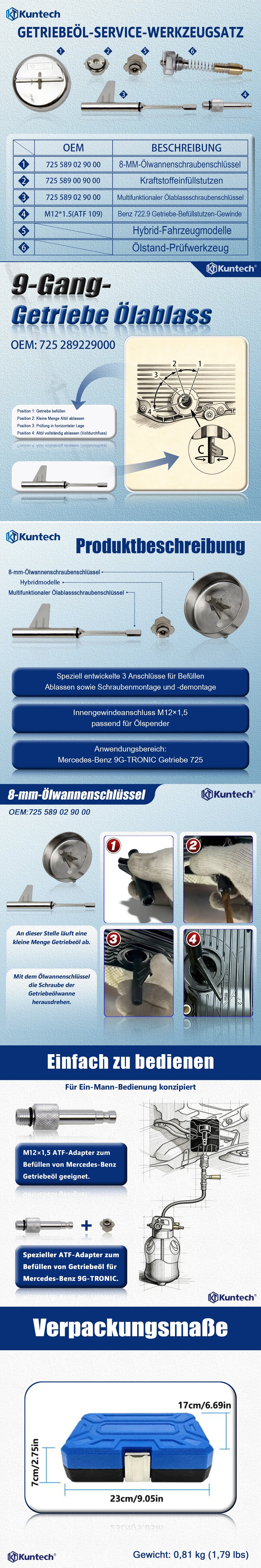 Kuntech Getriebeöl-Einfüllwerkzeug-Set mit Metallstange für Mercedes Benz 725 9 Gang