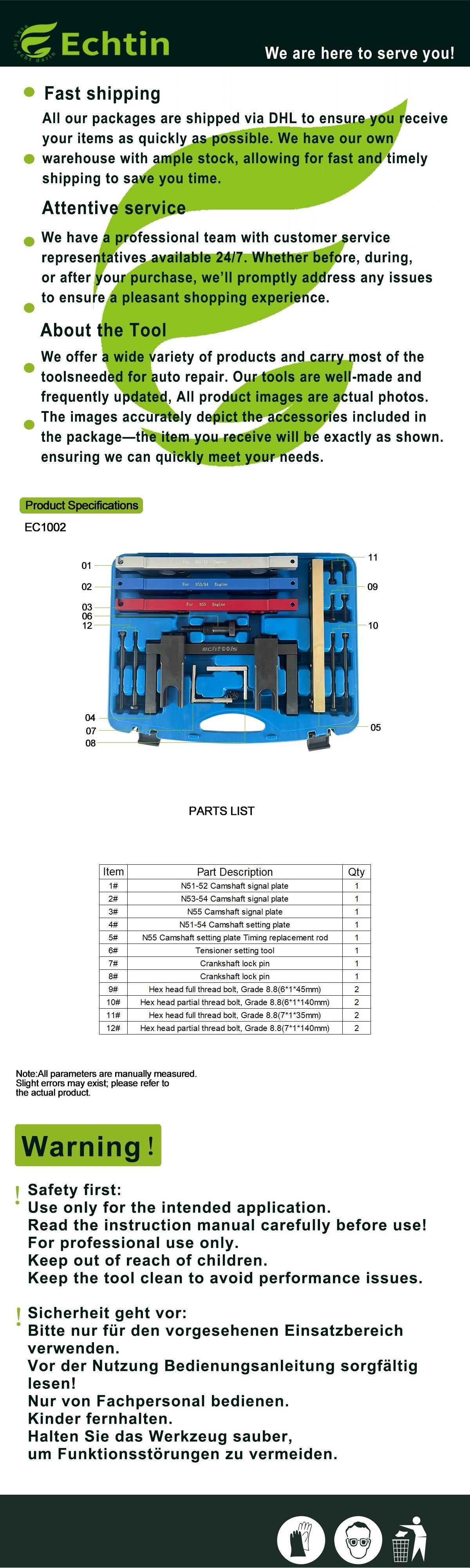 echtools EC1002 Motor Einstellwerkzeug Nockenwellen Arretier BMW N51 N52 N53 N54 N55