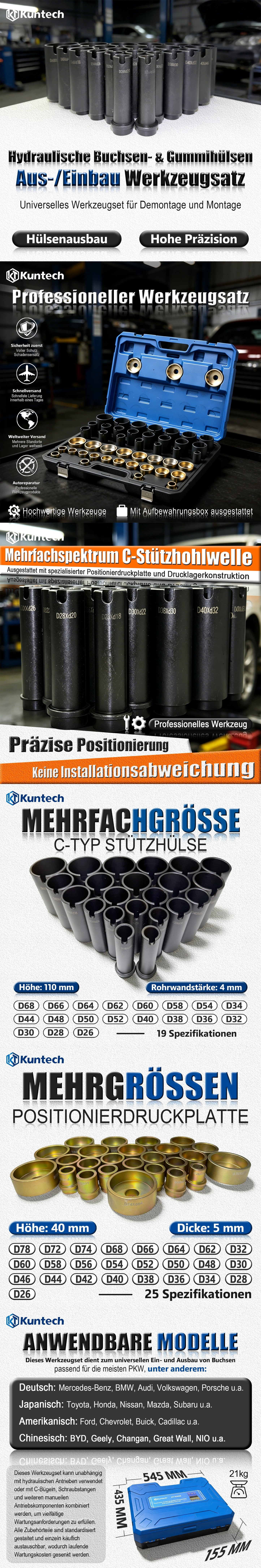Kuntech Hydraulischer Buchsen Auspresssatz 26–74mm Silentlager Werkzeug Abzieher Set KFZ