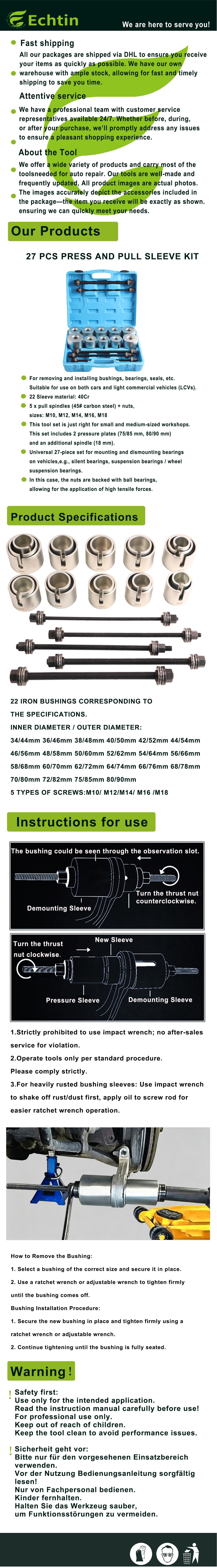 echtools EC1701 27tlg. KFZ Silentlager Achslager Abzieher Gummibuchsen Druckhülsen Demontage Set