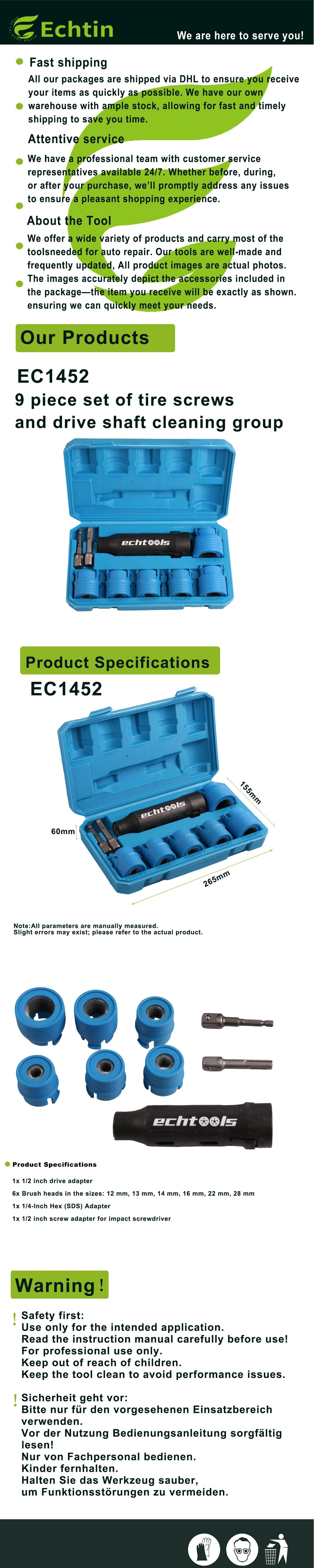 echtools EC1452 Radbolzen-Reinigungswerkzeug-Set 9-tlg. 1/2" mit M12 M13 M14 M16 M22 M28 Bürsten