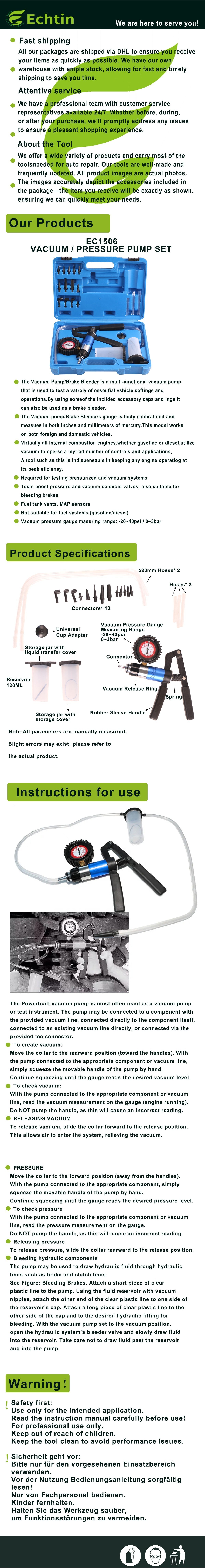 echtools EC1506 Vakuum Druckpumpen-Satz, Vakuum Tester, Bremsenentlüfter, Pumpe inkl. Adapter