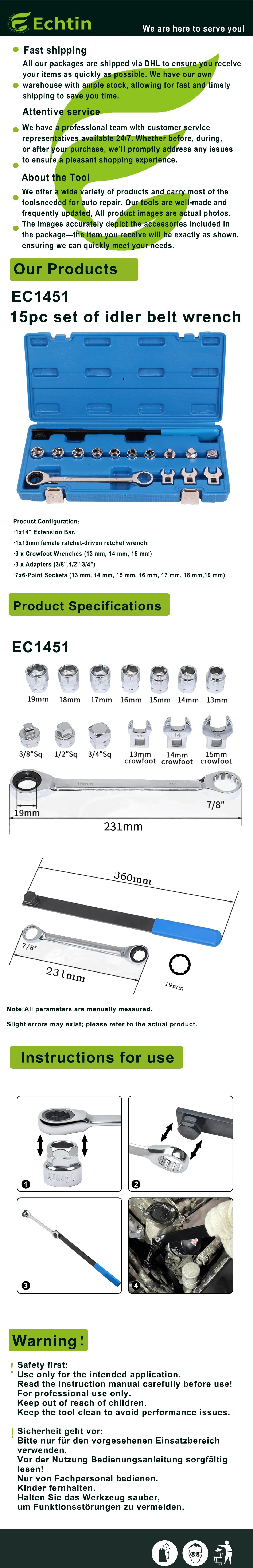 echtools EC1451 15 PCS Ratschen Serpentinriemen Werkzeug Set – Keilrippenriemen Spanner Entfernen