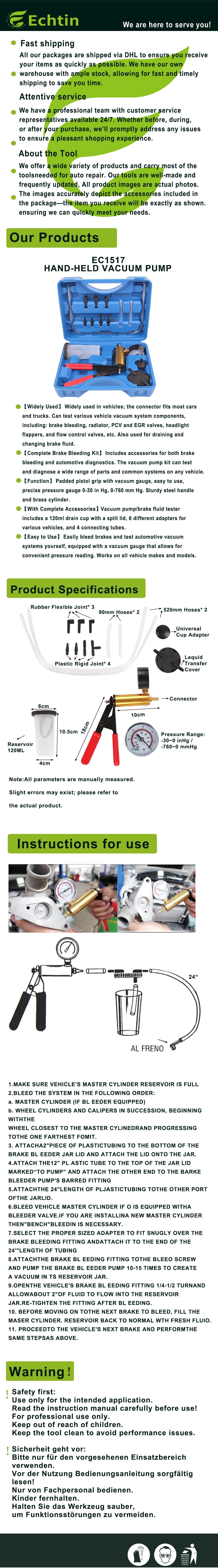 echtools EC1517 Vakuumpumpe Satz Hand KFZ Auto Bremsenentlüfter Vakuumtester Unterdruckpumpe
