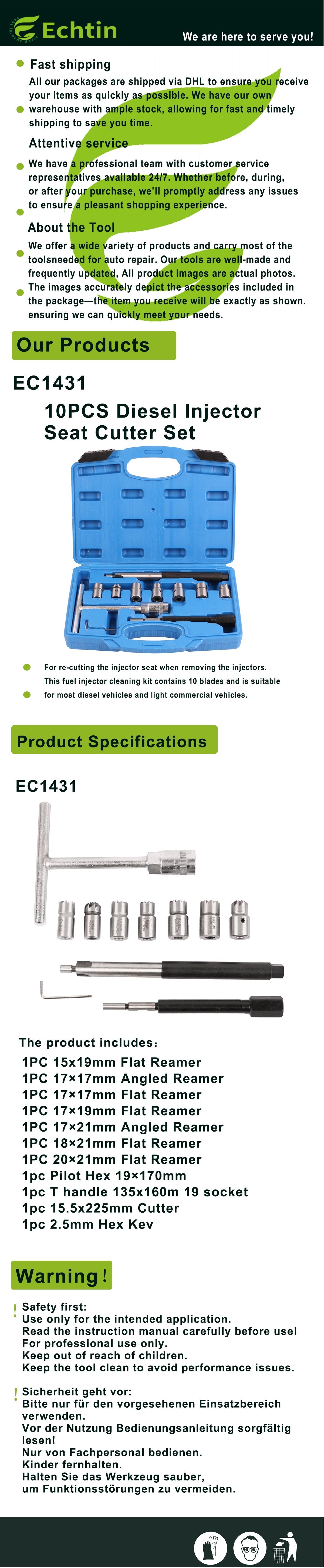 echtools EC1431 10 tlg. Diesel Injektoren Dichtsitz Werkzeug Fräser Satz Einspritzdüsen Dichtflächen