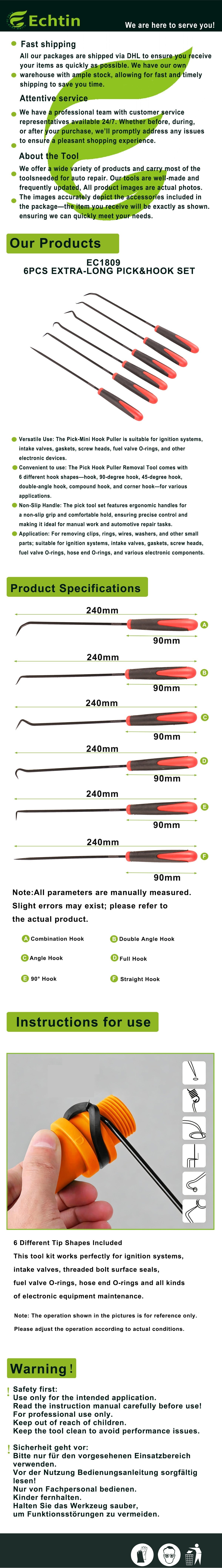 echtools EC1809 6tlg. extra langes Pick & Haken Set Entfernen O Ringe Splinte Dichtungen Buchsen